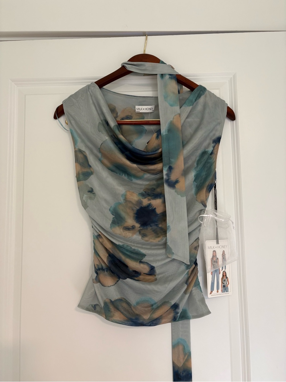 Milk + Honey Floral Mesh Cowl Neck Ruched Top Scarf NWT S